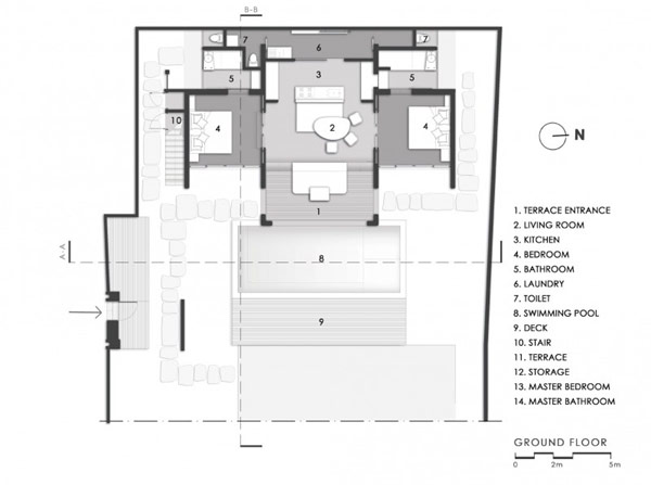 แปลนบ้าน 2 ชั้น สไตล์โมเดิร์น มีสระว่ายน้ำหน้าบ้าน