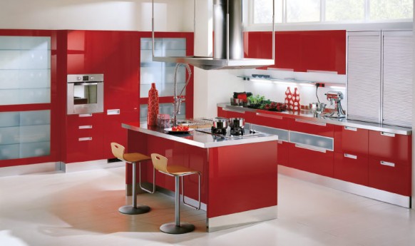 เคาน์เตอร์สีแดง ห้องครัวทันสมัย