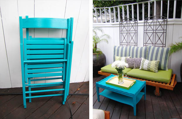 เก้าอี้ไม้ โต๊ะไม้ สีเขียว ฟ้า
