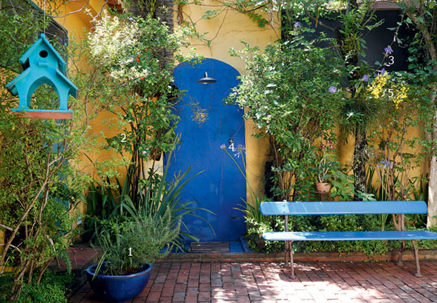 แบบสวนข้างบ้าน ทาสีประตู สีฟ้า ผนังบ้านสีเหลือง
