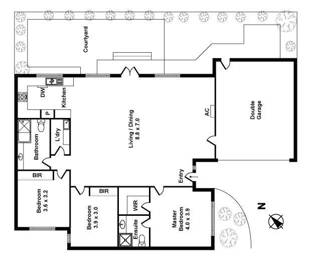 แปลนบ้านชั้นเดียว 3 ห้องนอน 2 ห้องน้ำ มีที่จอดรถ