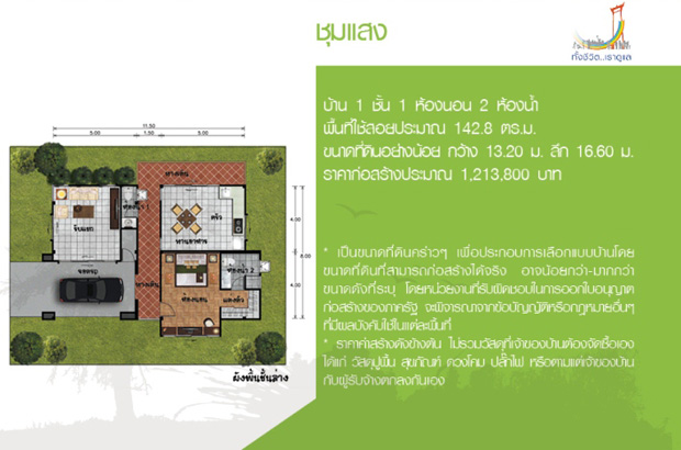 แปลนบ้านฟรี ชั้นเดียว 2 ห้องนอน