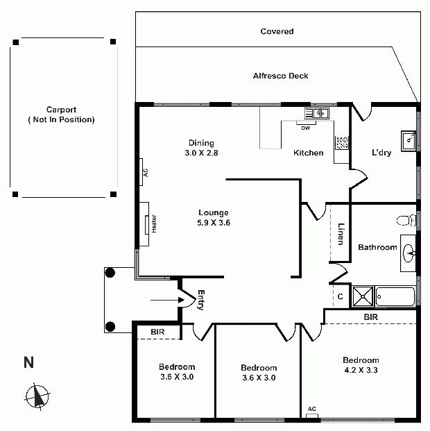 แปลนบ้าน 1 ชั้น 3 ห้องนอน 1 ห้องน้ำ