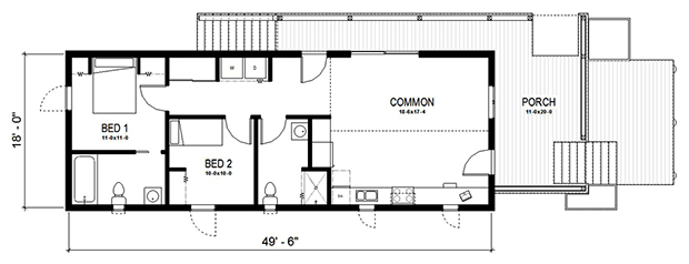 ผังบ้านชั้นเดียว 2 ห้องนอน