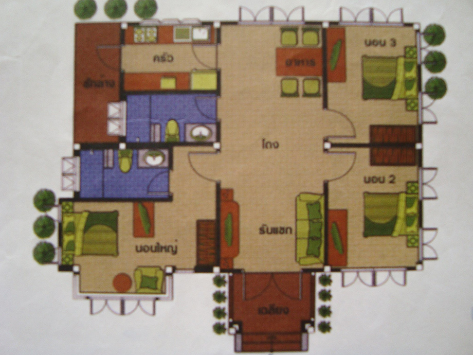 แปลนบ้านชั้นเดียว 3 ห้องนอน 3 ห้องน้ำ 130 ตร.ม.