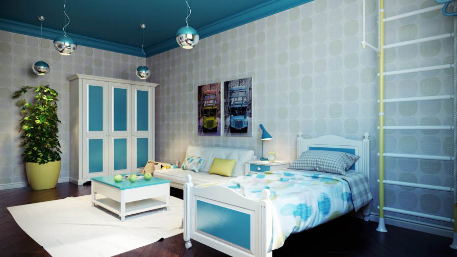 ห้องนอนสีฟ้าสดใส