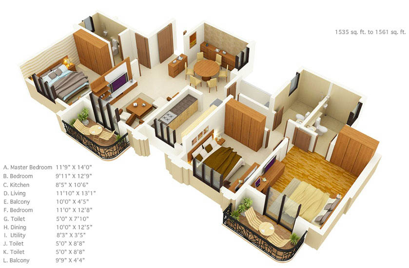 แปลนบ้านชั้นเดียวสามห้องนอน