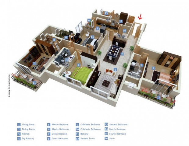 แปลนบ้านชั้นเดียว 4 ห้องนอน