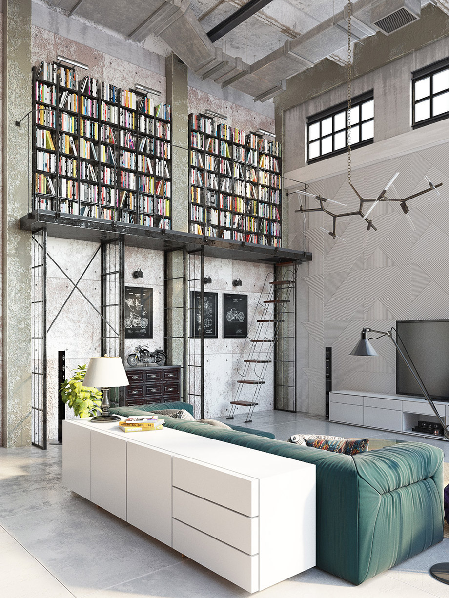 ห้องนั่งเล่นแบบเปิด สไตล์ modern industrial loft