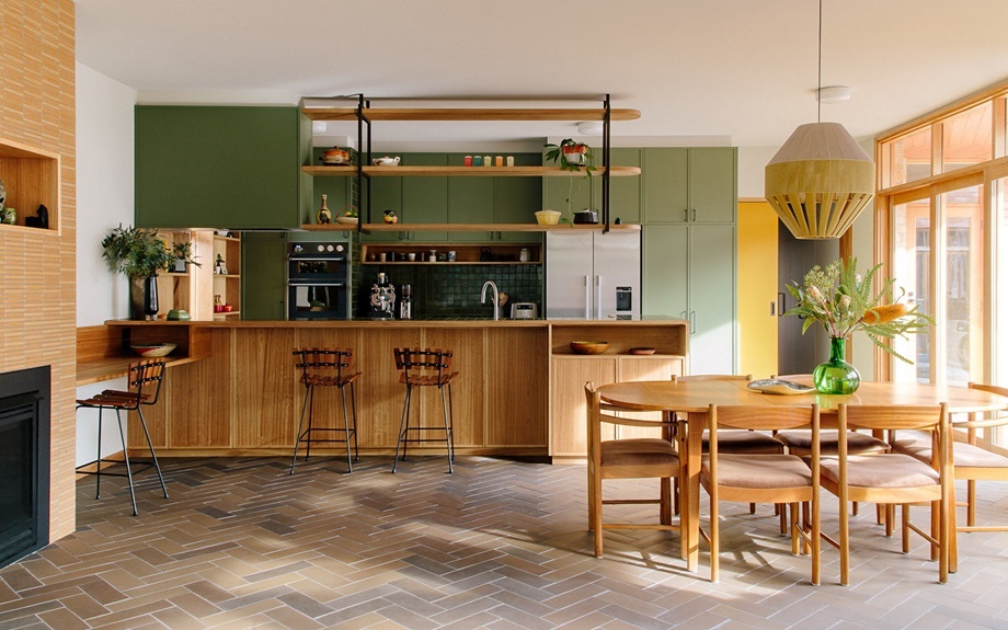 ห้องครัวโทนสีเขียวตกแต่งไม้