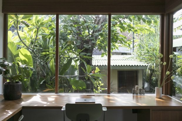 ห้องทำงานผนังกระจกหันหน้าเข้าสู่สวน